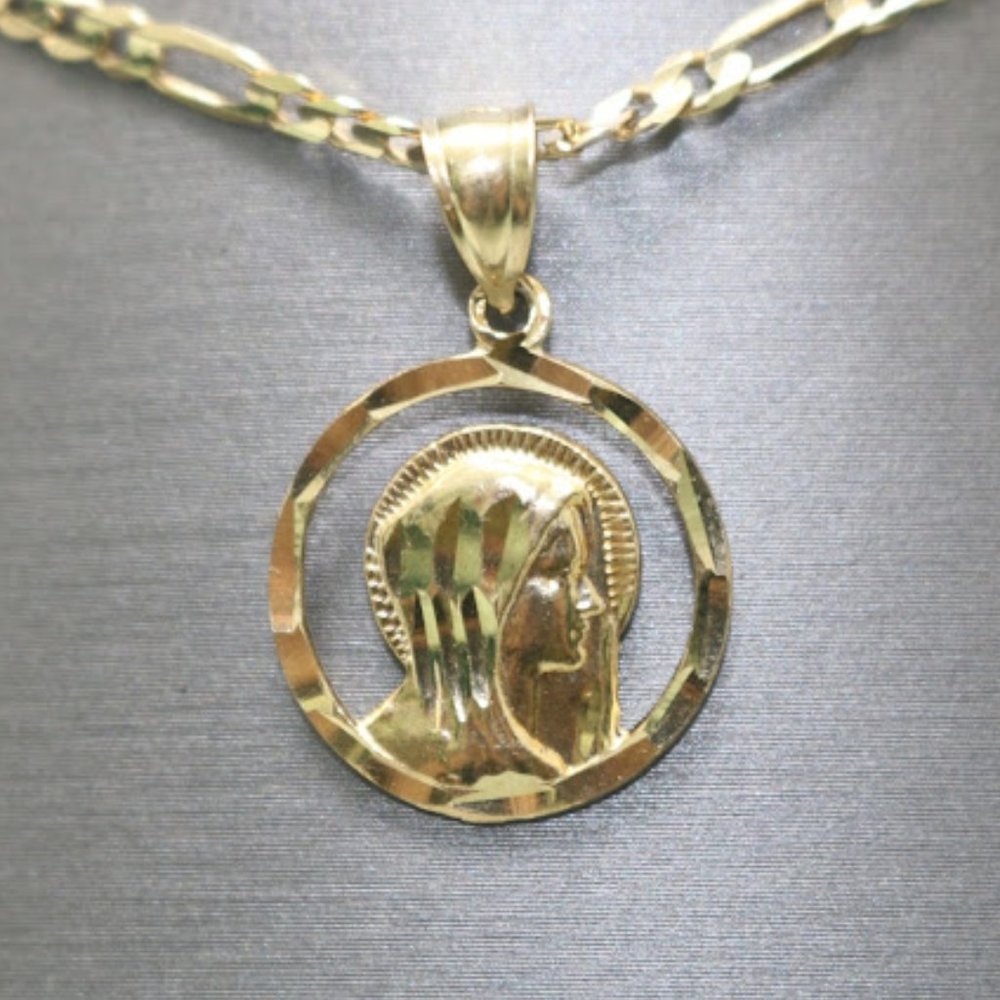 14kt Yellow Gold Virgin Mary Medal Pendant with 14kt Solid Figaro Chain